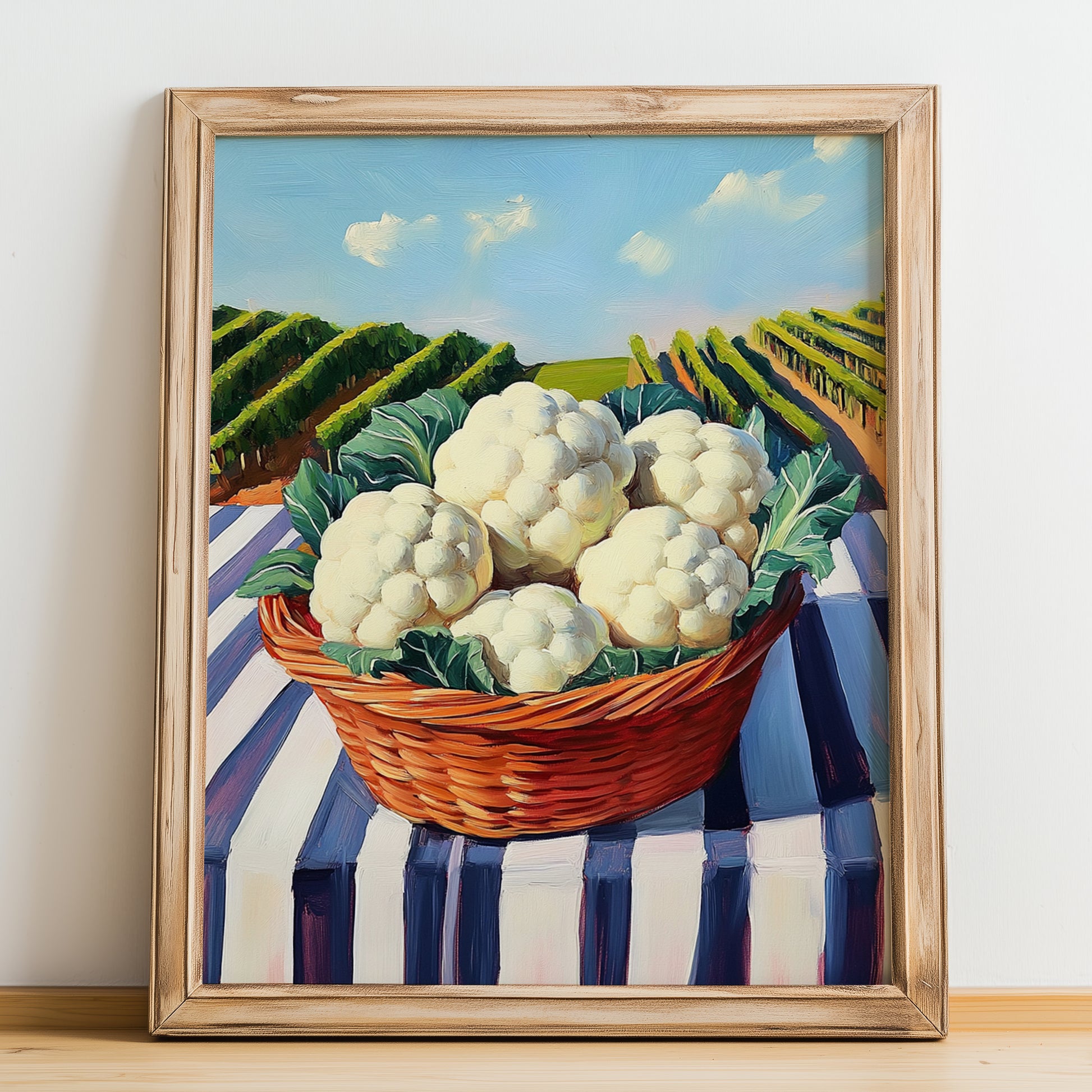 Cauliflower – Green Valley Landscape, Vegetable Illustration, no-text version framed in wood
