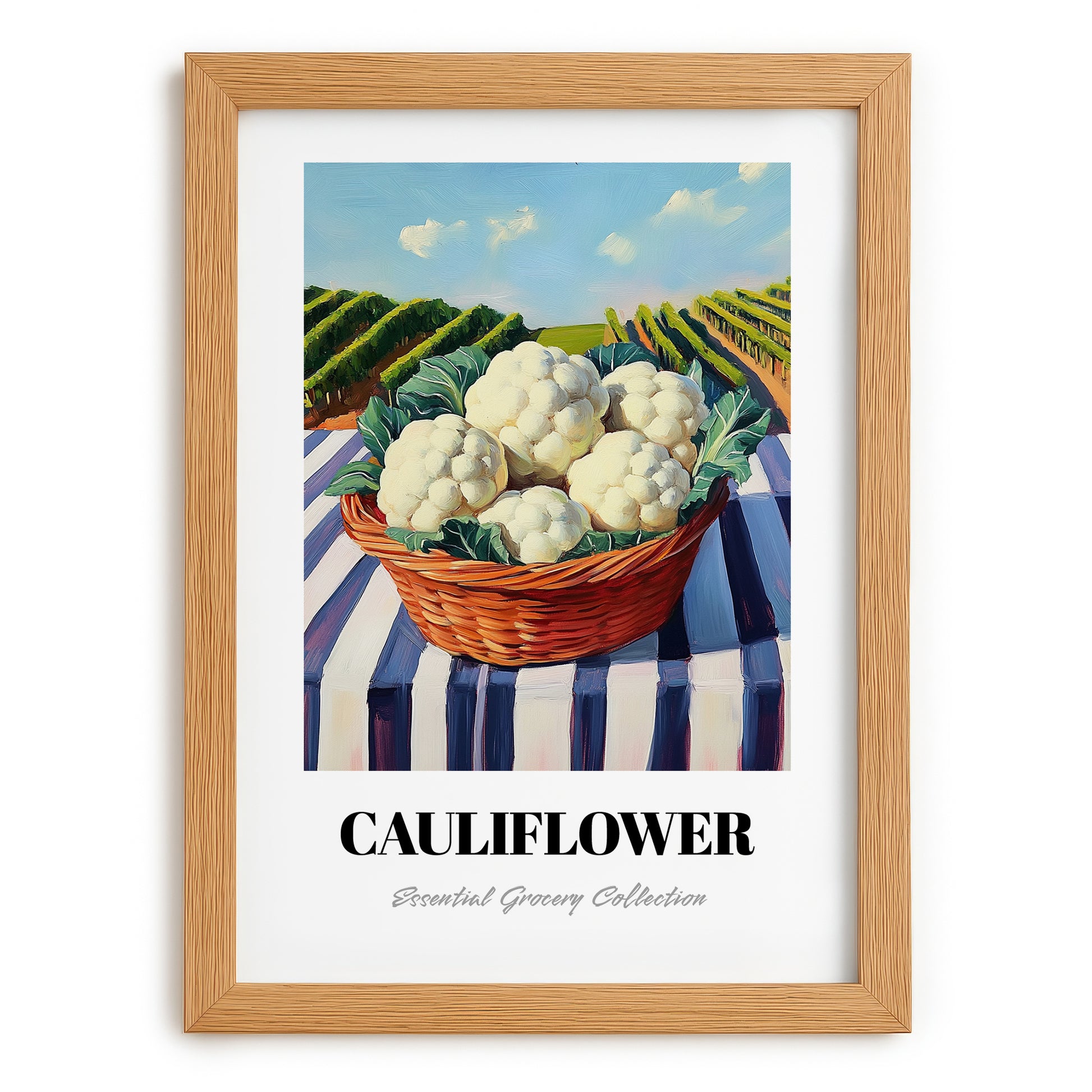 Cauliflower – Green Valley Landscape, Vegetable Illustration, set in oak frame