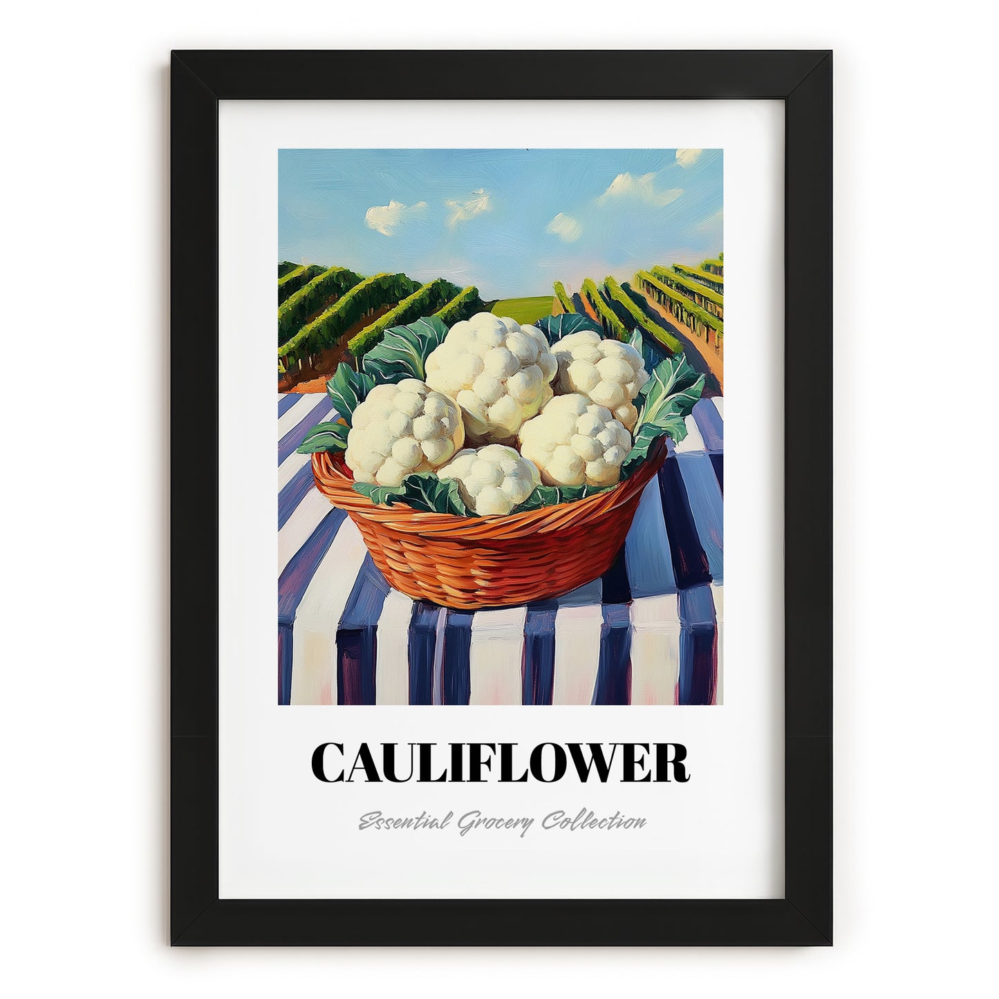 Cauliflower – Green Valley Landscape, Vegetable Illustration, in sleek black frame