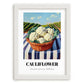 Cauliflower – Green Valley Landscape, Vegetable Illustration, placed in minimal white frame