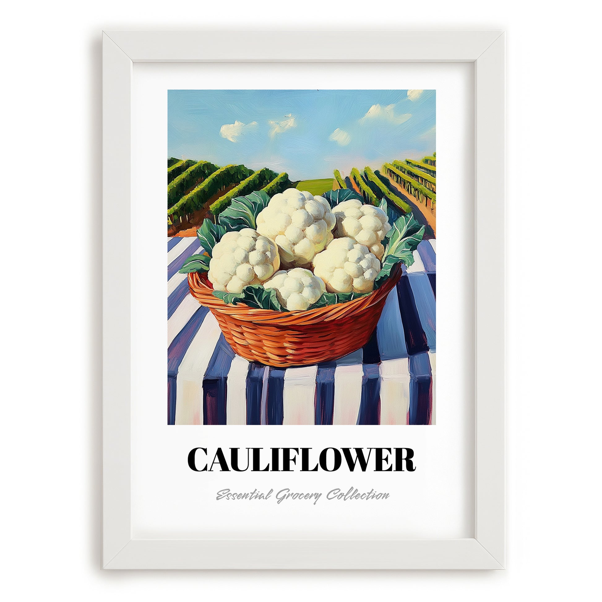 Cauliflower – Green Valley Landscape, Vegetable Illustration, placed in minimal white frame