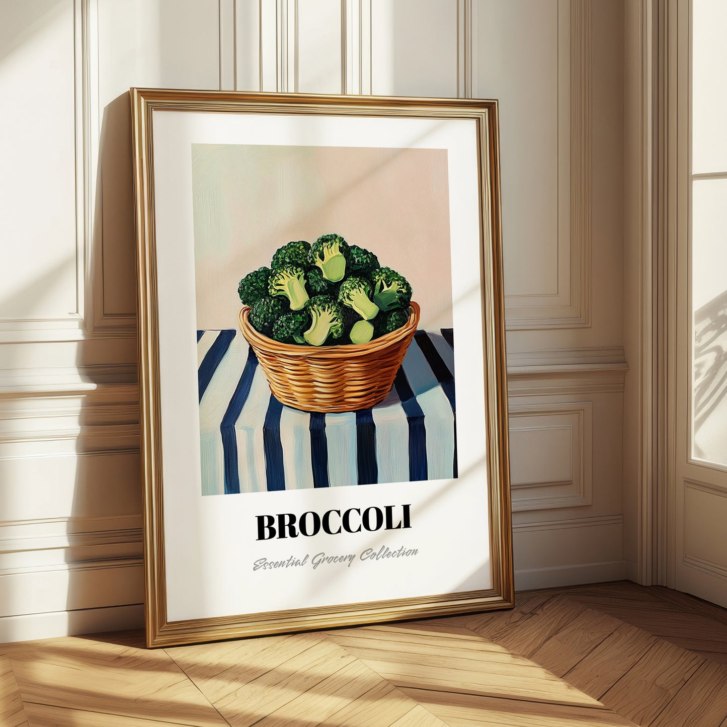 Broccoli – on Striped Tablecloth, Vegetable Still Life