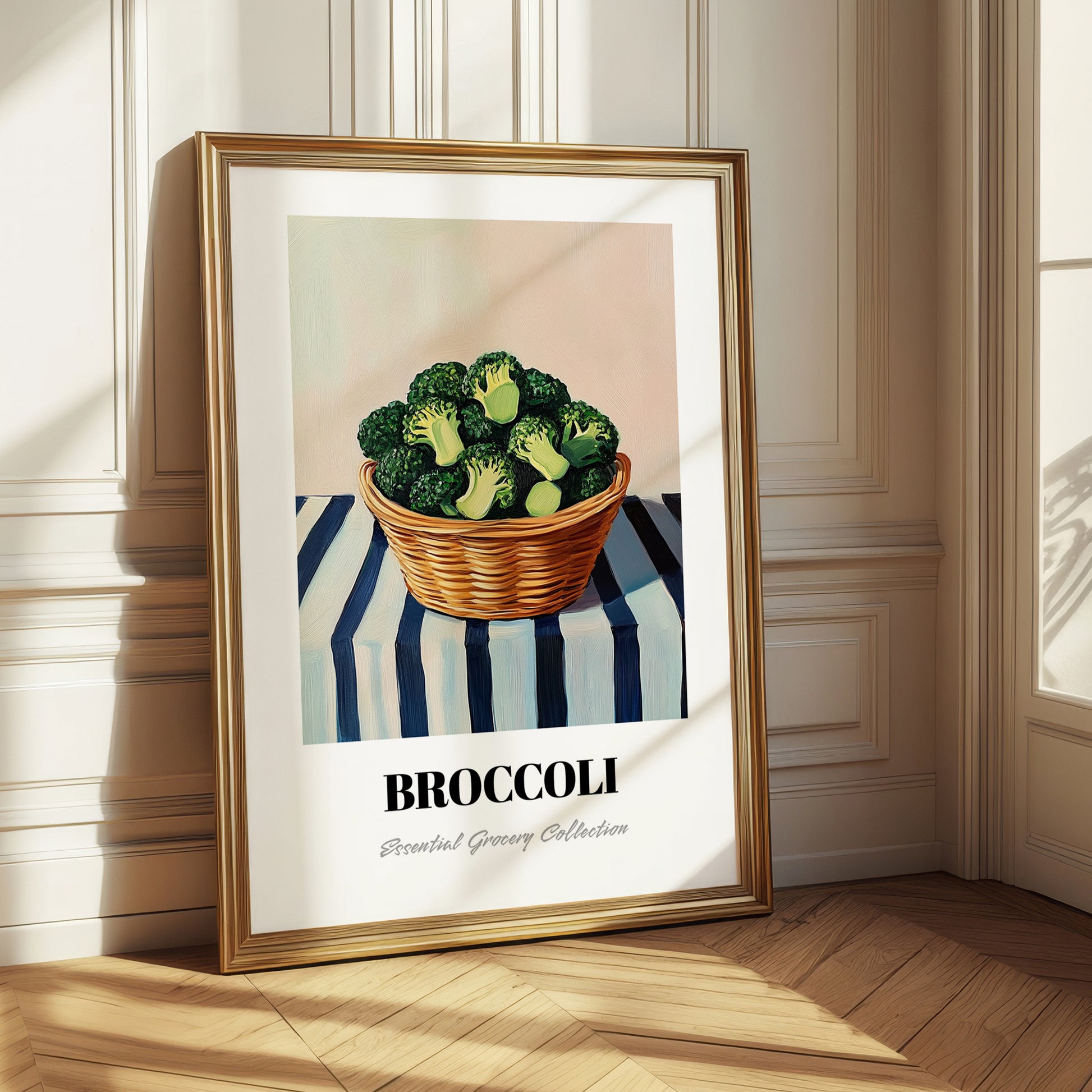 Broccoli – on Striped Tablecloth, Vegetable Still Life