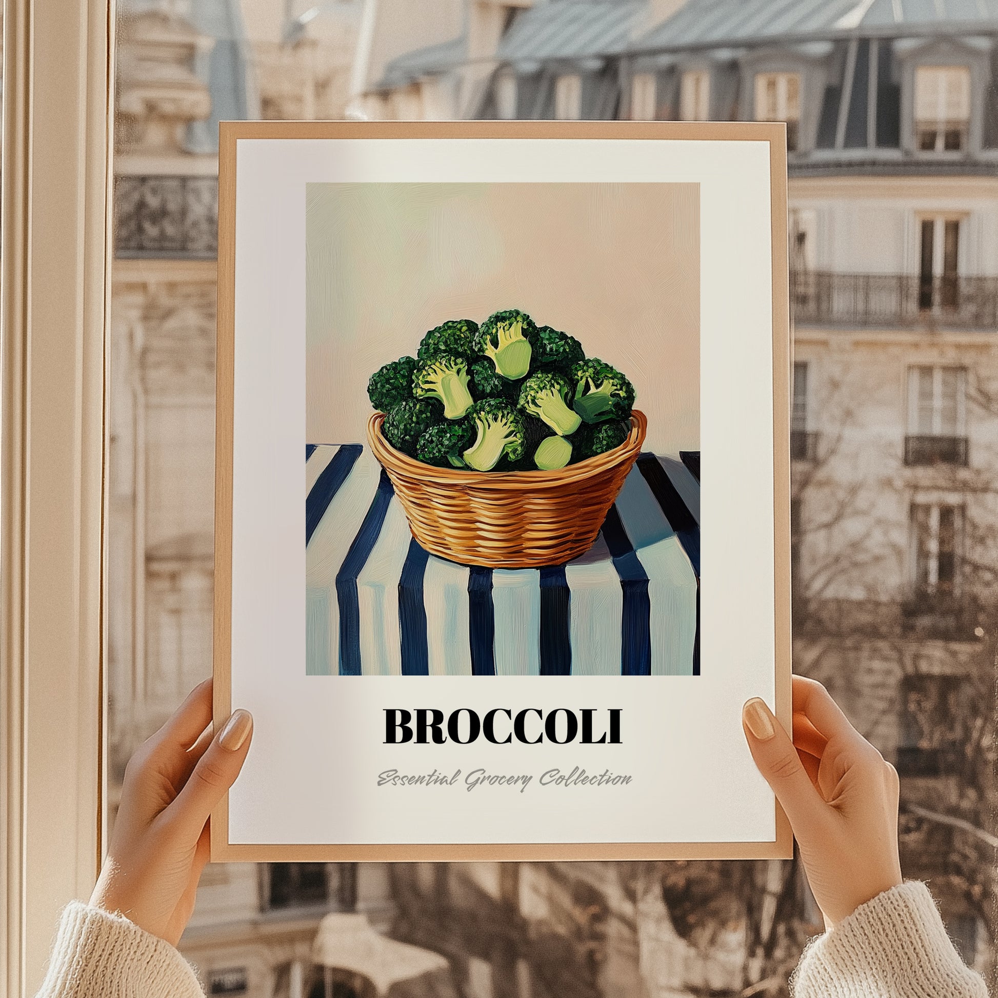 Broccoli – on Striped Tablecloth, Vegetable Still Life, styled in a charming Paris street view