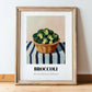 Broccoli – on Striped Tablecloth, Vegetable Still Life, in wooden frame leaning on the floor