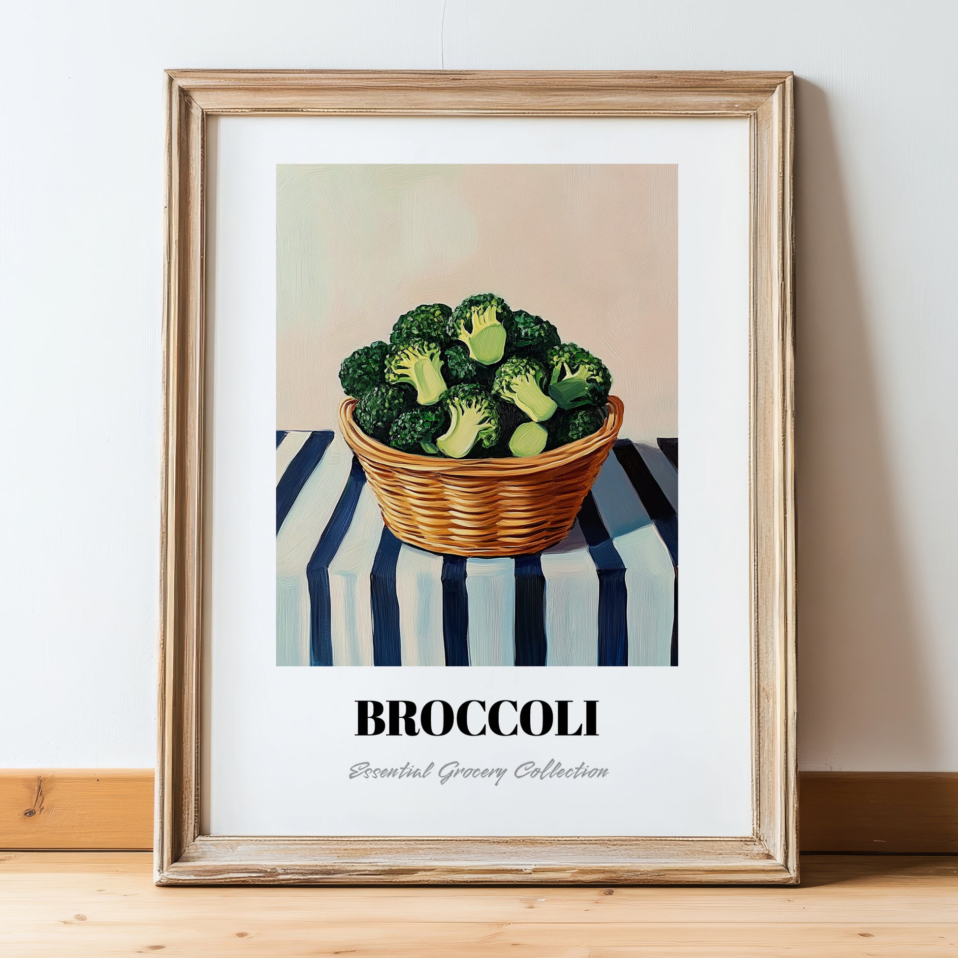 Broccoli – on Striped Tablecloth, Vegetable Still Life, in wooden frame leaning on the floor