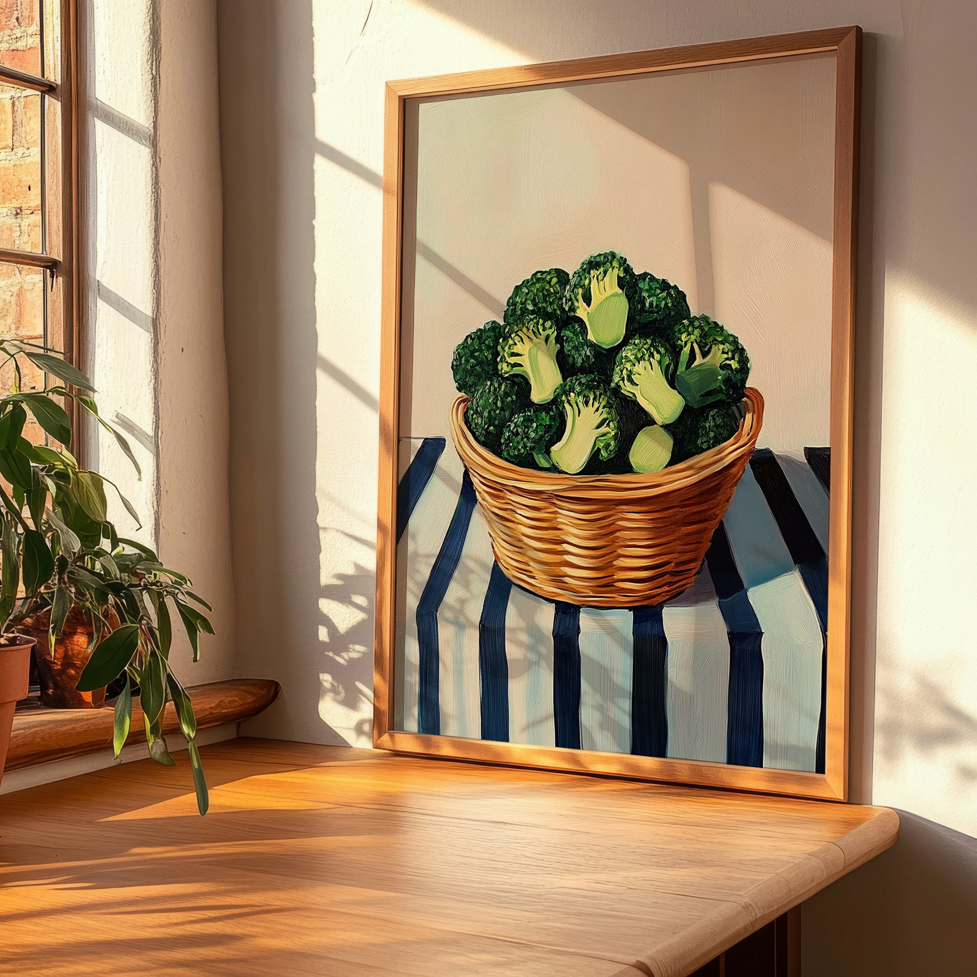 Broccoli – on Striped Tablecloth, Vegetable Still Life, clean layout with no caption