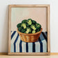 Broccoli – on Striped Tablecloth, Vegetable Still Life, no-text version framed in wood