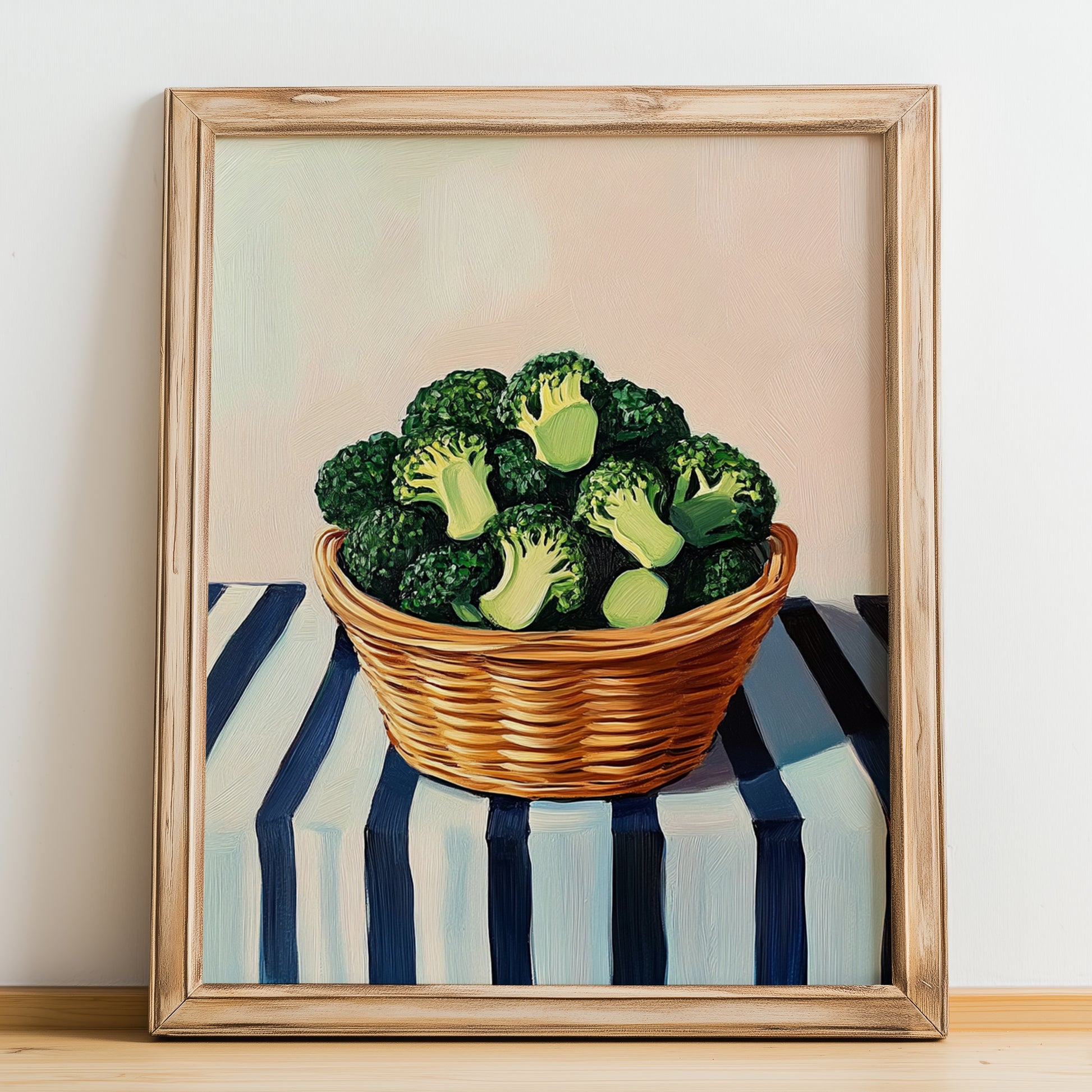 Broccoli – on Striped Tablecloth, Vegetable Still Life, no-text version framed in wood