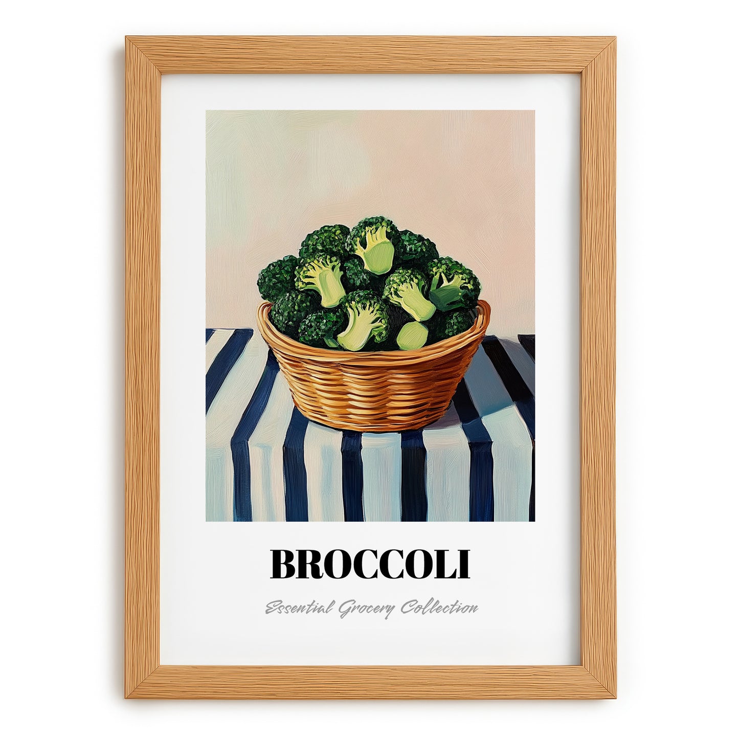 Broccoli – on Striped Tablecloth, Vegetable Still Life, set in oak frame