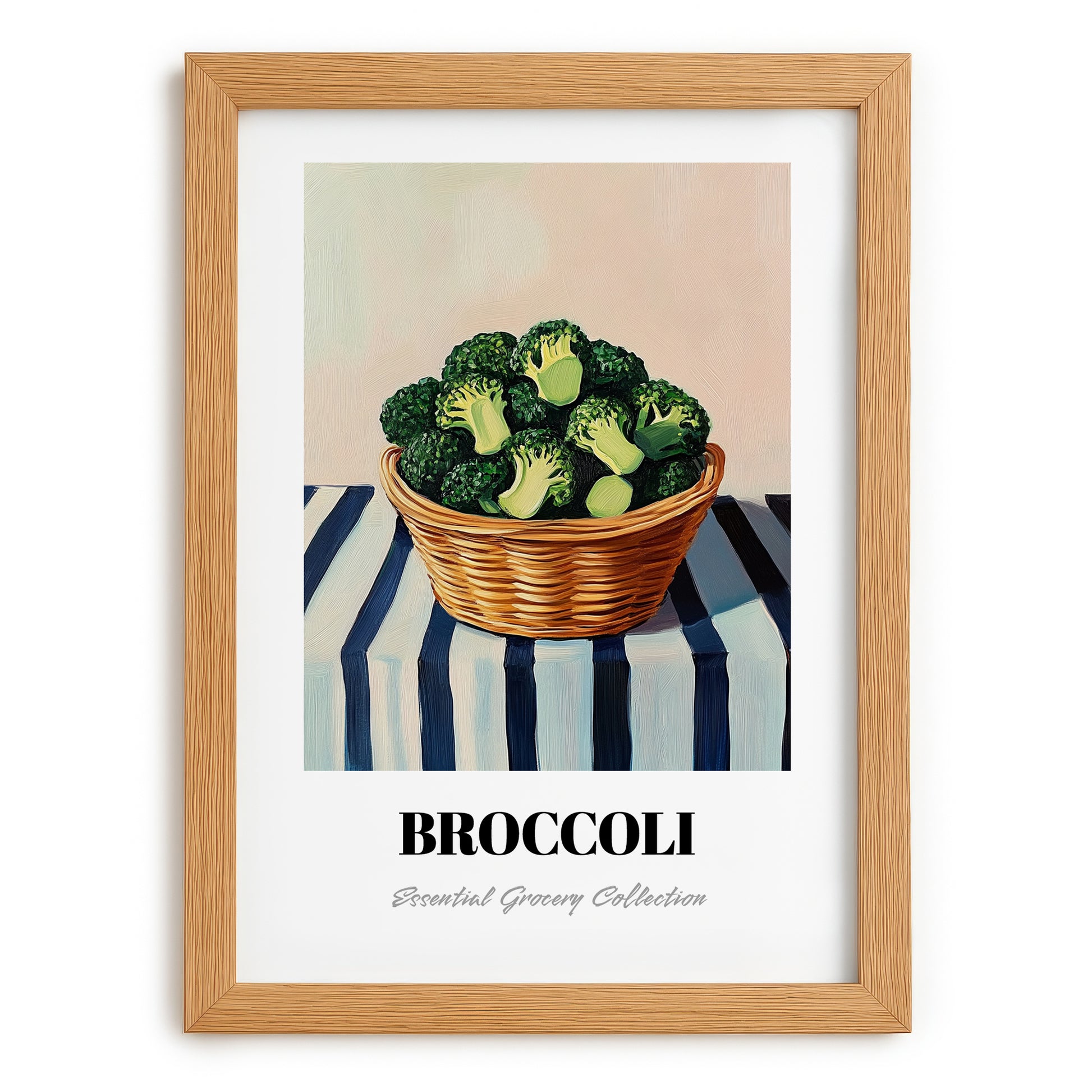 Broccoli – on Striped Tablecloth, Vegetable Still Life, set in oak frame