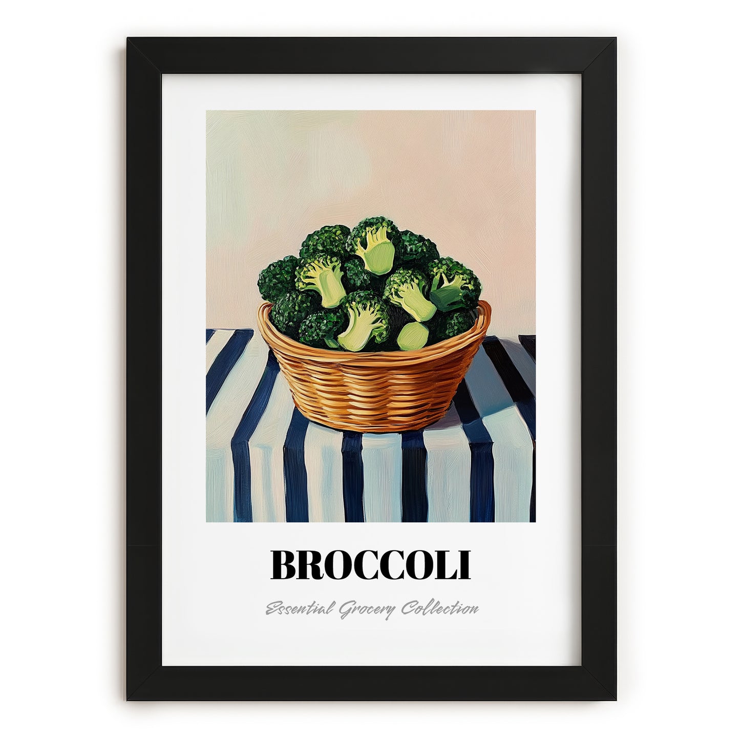 Broccoli – on Striped Tablecloth, Vegetable Still Life, in sleek black frame