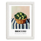 Broccoli – on Striped Tablecloth, Vegetable Still Life, placed in minimal white frame