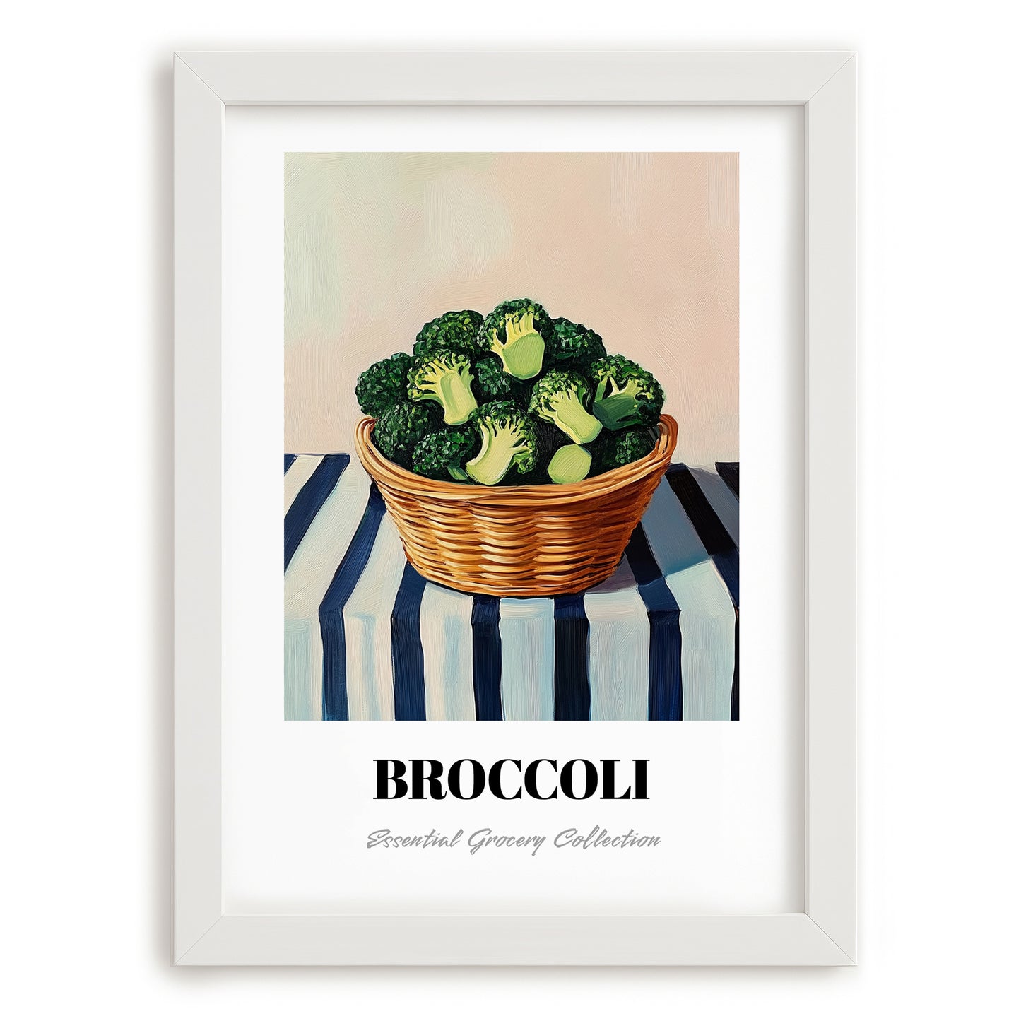 Broccoli – on Striped Tablecloth, Vegetable Still Life, placed in minimal white frame