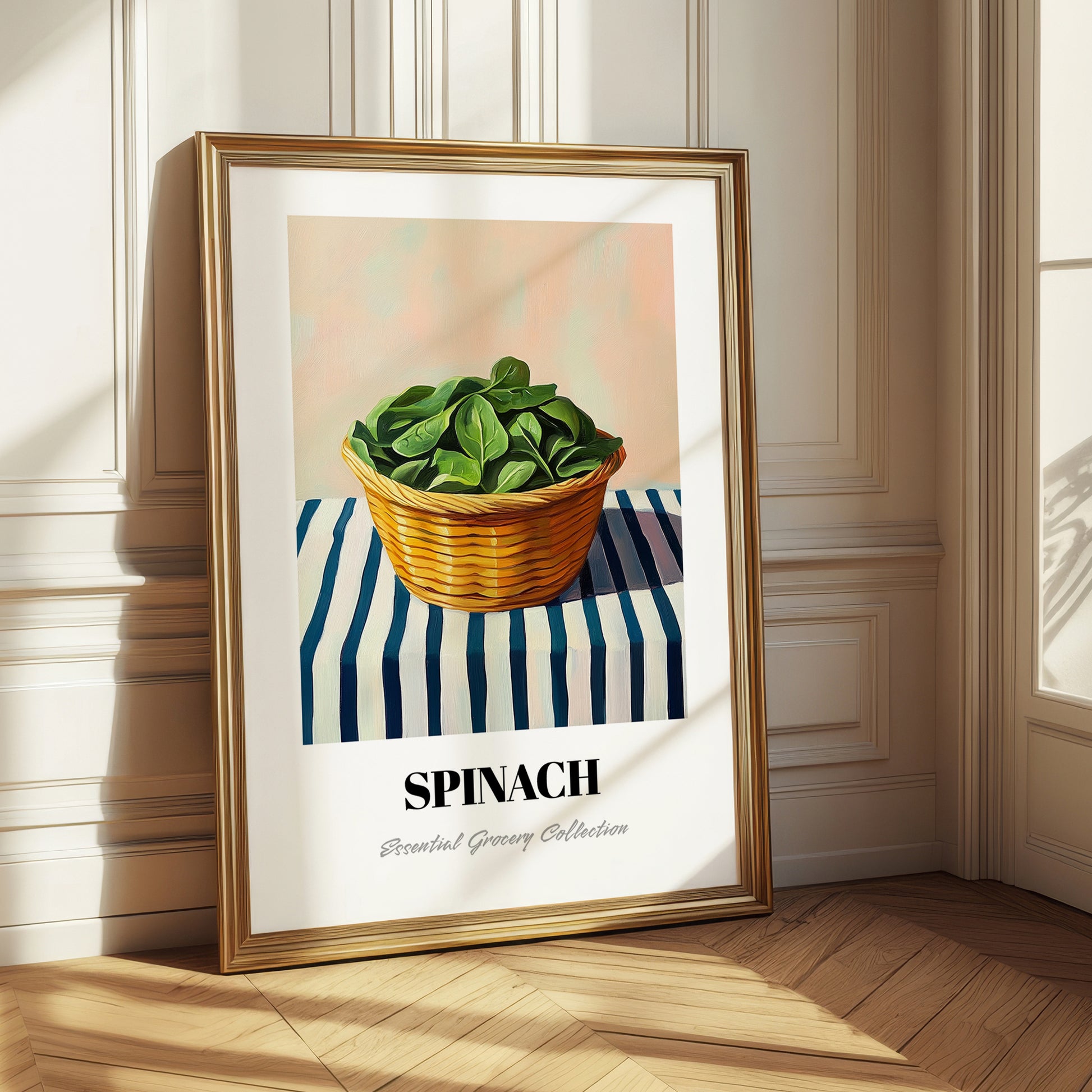 Spinach – on Striped Tablecloth, Vegetable Wall Decor