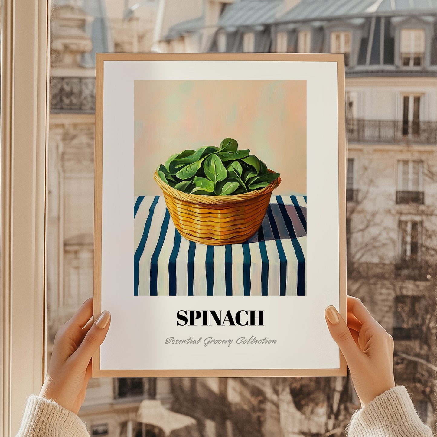 Spinach – on Striped Tablecloth, Vegetable Wall Decor, styled in a charming Paris street view