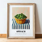 Spinach – on Striped Tablecloth, Vegetable Wall Decor, in wooden frame leaning on the floor