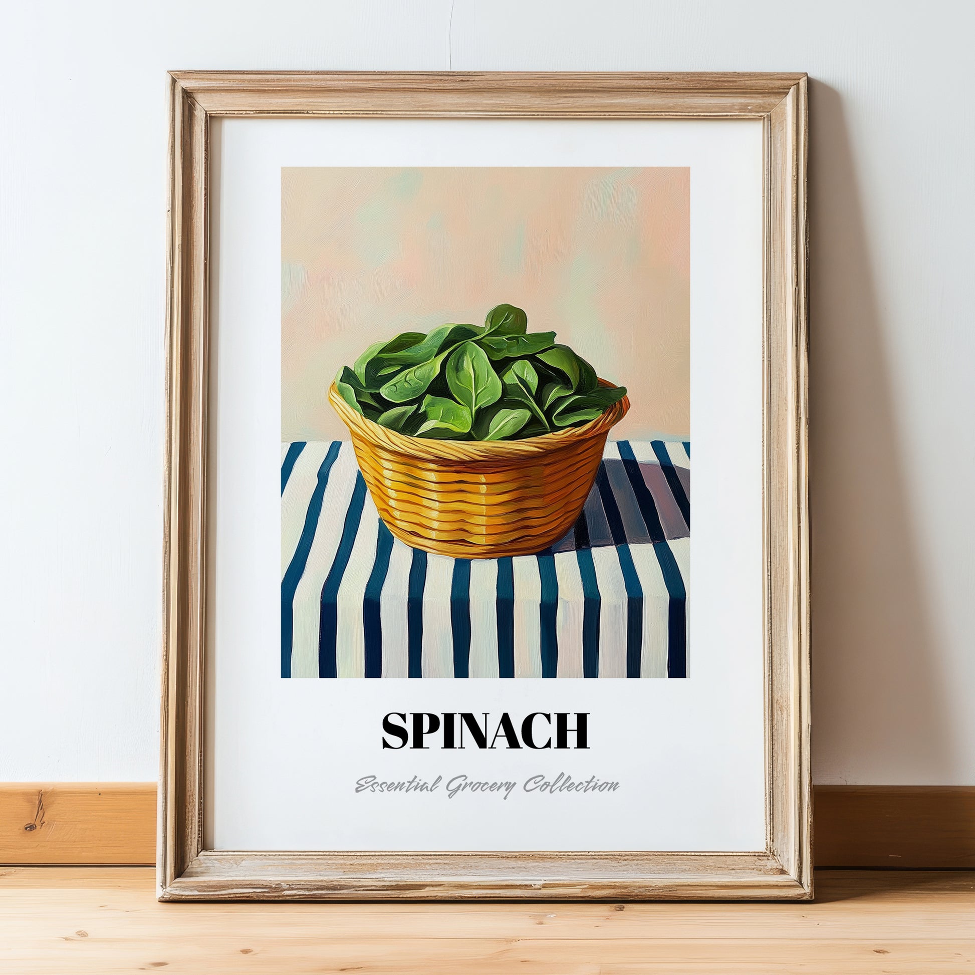 Spinach – on Striped Tablecloth, Vegetable Wall Decor, in wooden frame leaning on the floor