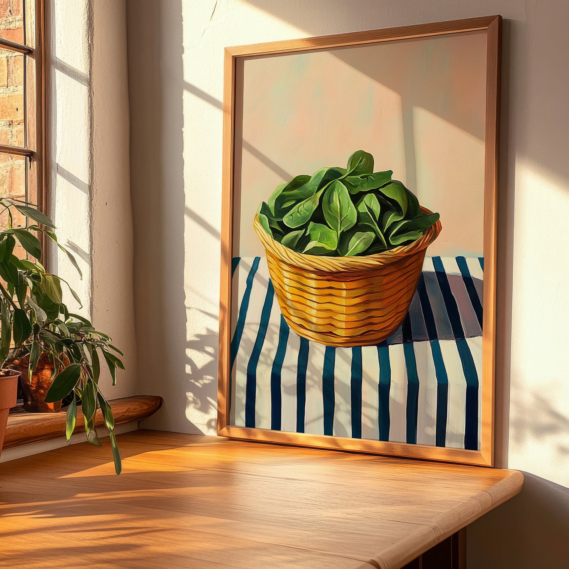 Spinach – on Striped Tablecloth, Vegetable Wall Decor, clean layout with no caption