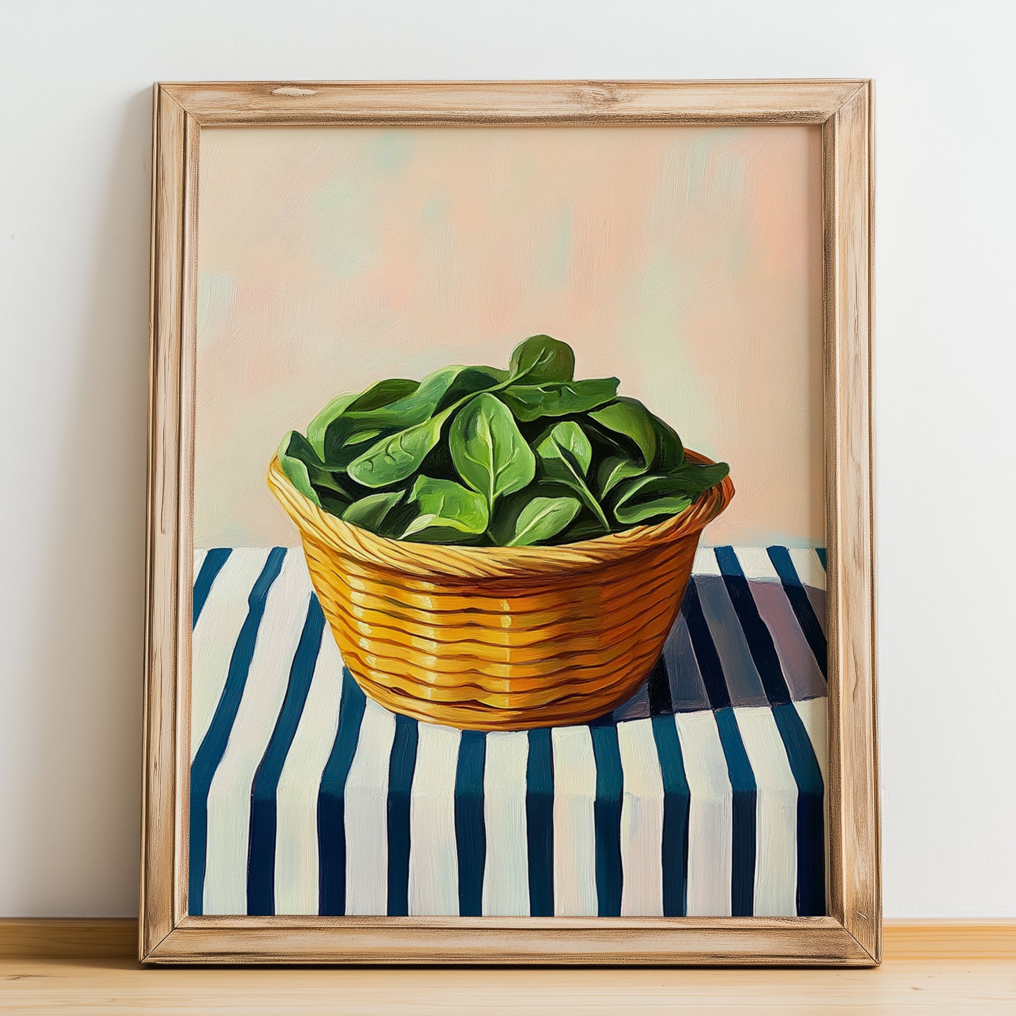 Spinach – on Striped Tablecloth, Vegetable Wall Decor, no-text version framed in wood