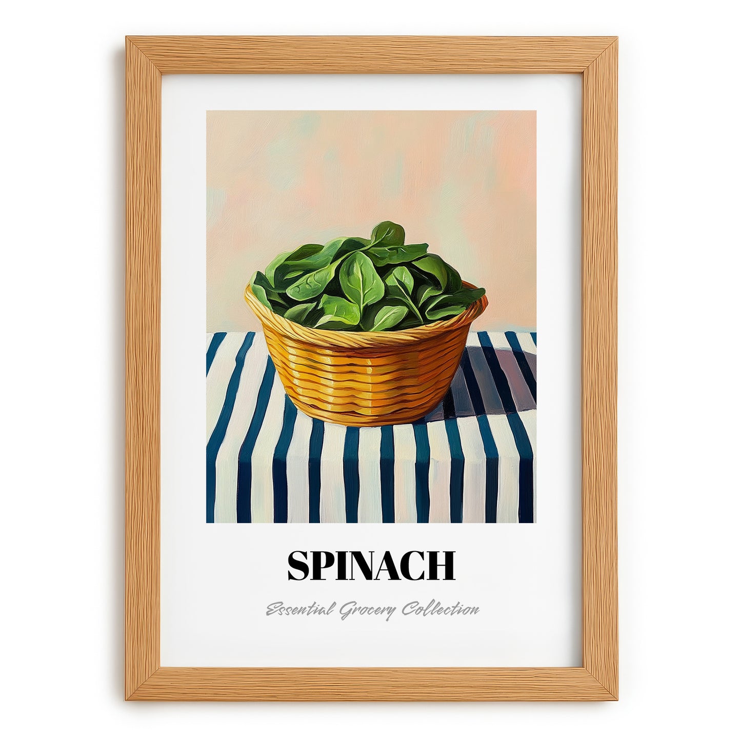 Spinach – on Striped Tablecloth, Vegetable Wall Decor, set in oak frame