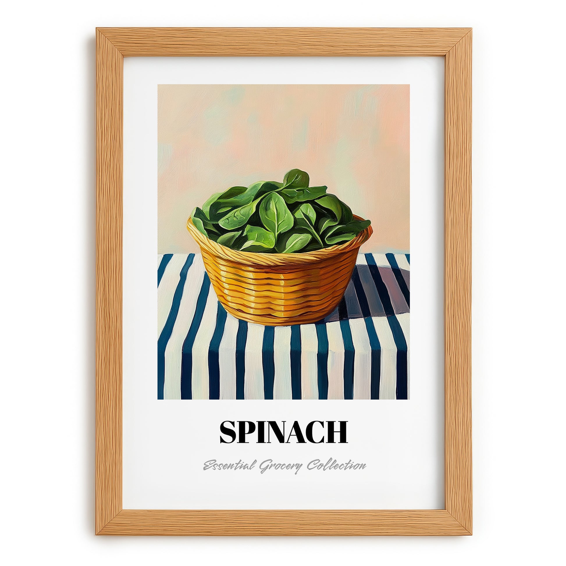 Spinach – on Striped Tablecloth, Vegetable Wall Decor, set in oak frame