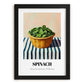 Spinach – on Striped Tablecloth, Vegetable Wall Decor, in sleek black frame
