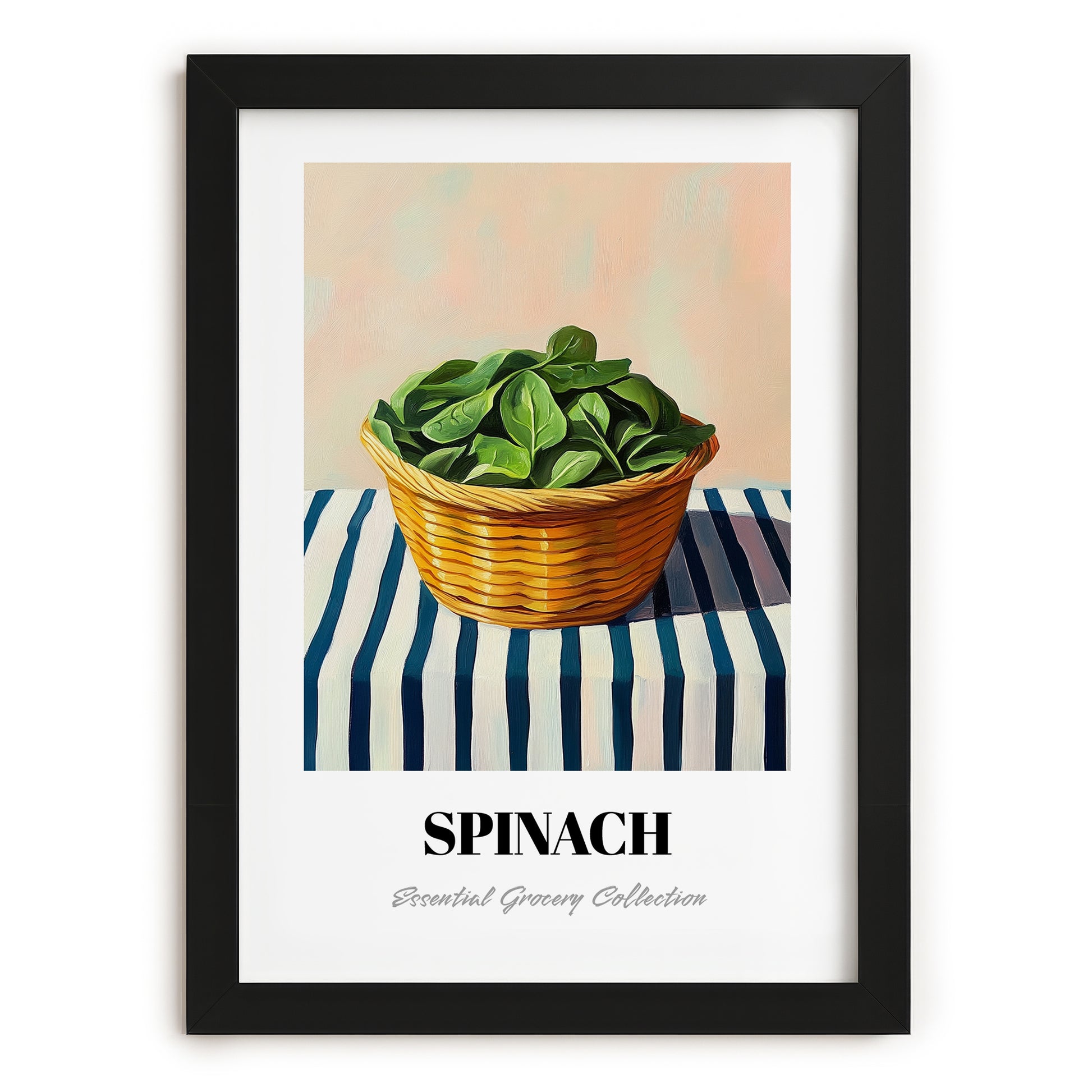 Spinach – on Striped Tablecloth, Vegetable Wall Decor, in sleek black frame