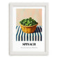Spinach – on Striped Tablecloth, Vegetable Wall Decor, placed in minimal white frame