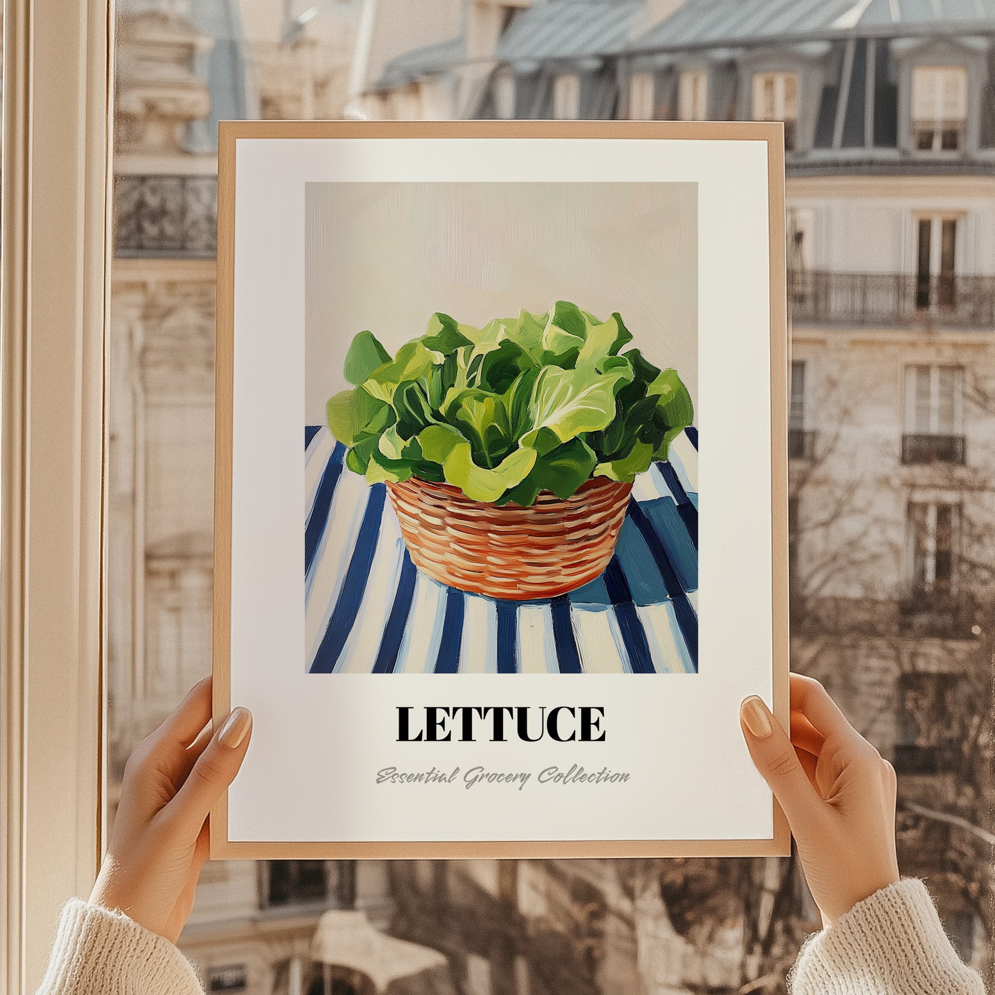 Lettuce – on Striped Tablecloth, Vegetable Wall Decor, styled in a charming Paris street view
