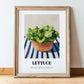 Lettuce – on Striped Tablecloth, Vegetable Wall Decor, in wooden frame leaning on the floor