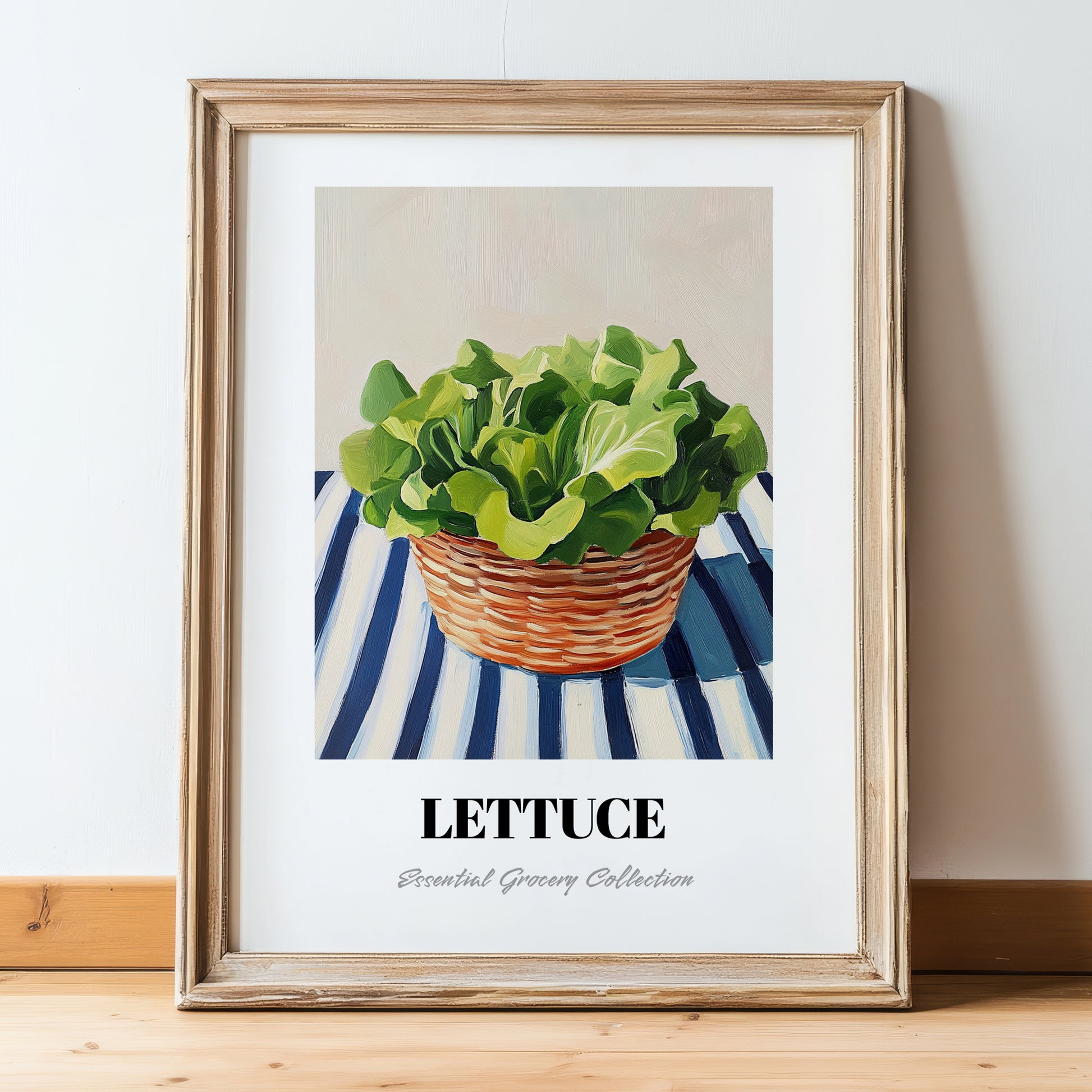 Lettuce – on Striped Tablecloth, Vegetable Wall Decor, in wooden frame leaning on the floor