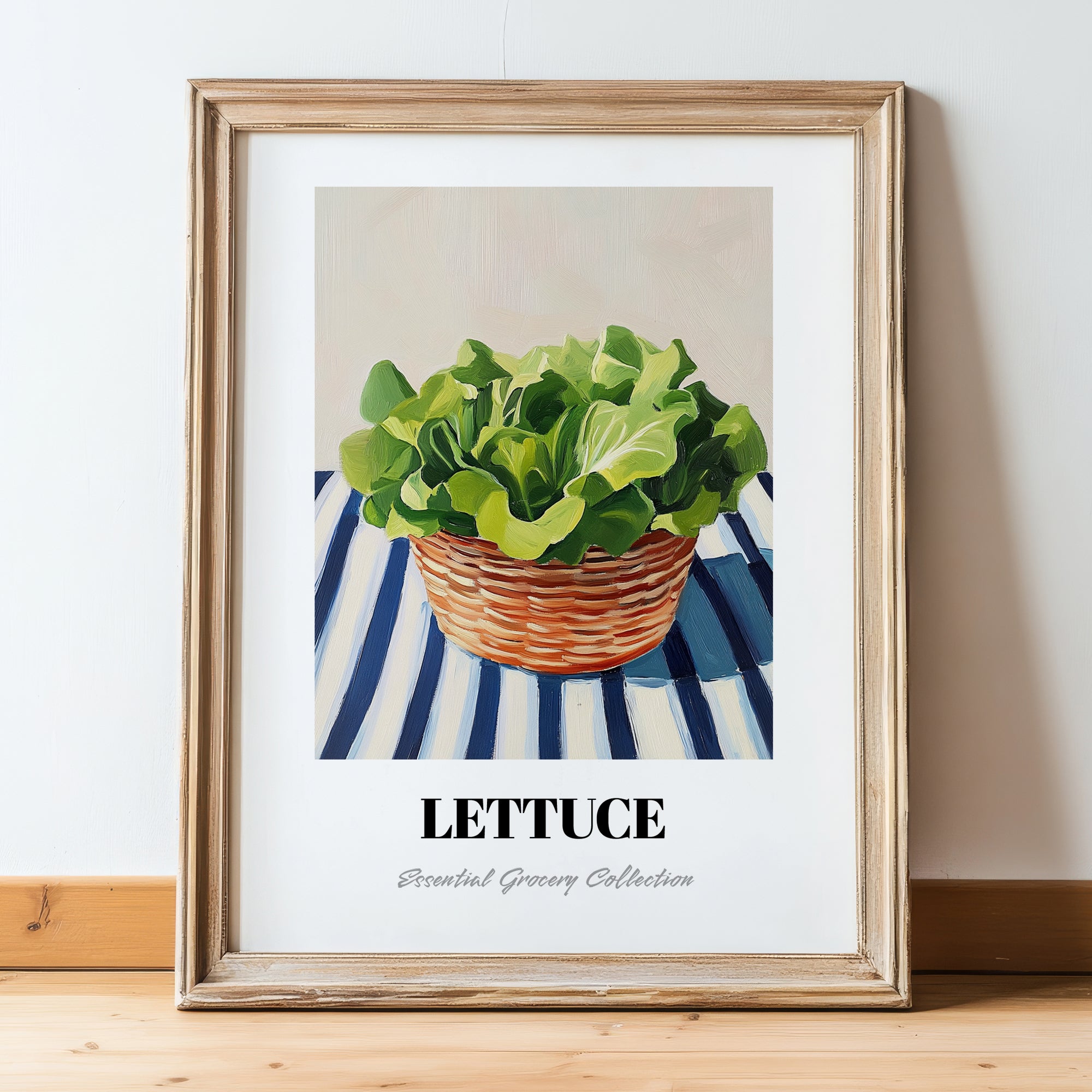 Lettuce – on Striped Tablecloth, Vegetable Wall Decor, in wooden frame leaning on the floor