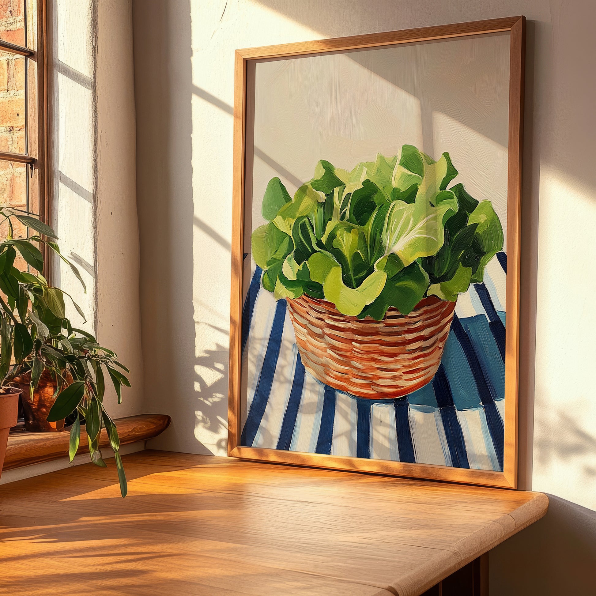 Lettuce – on Striped Tablecloth, Vegetable Wall Decor, clean layout with no caption
