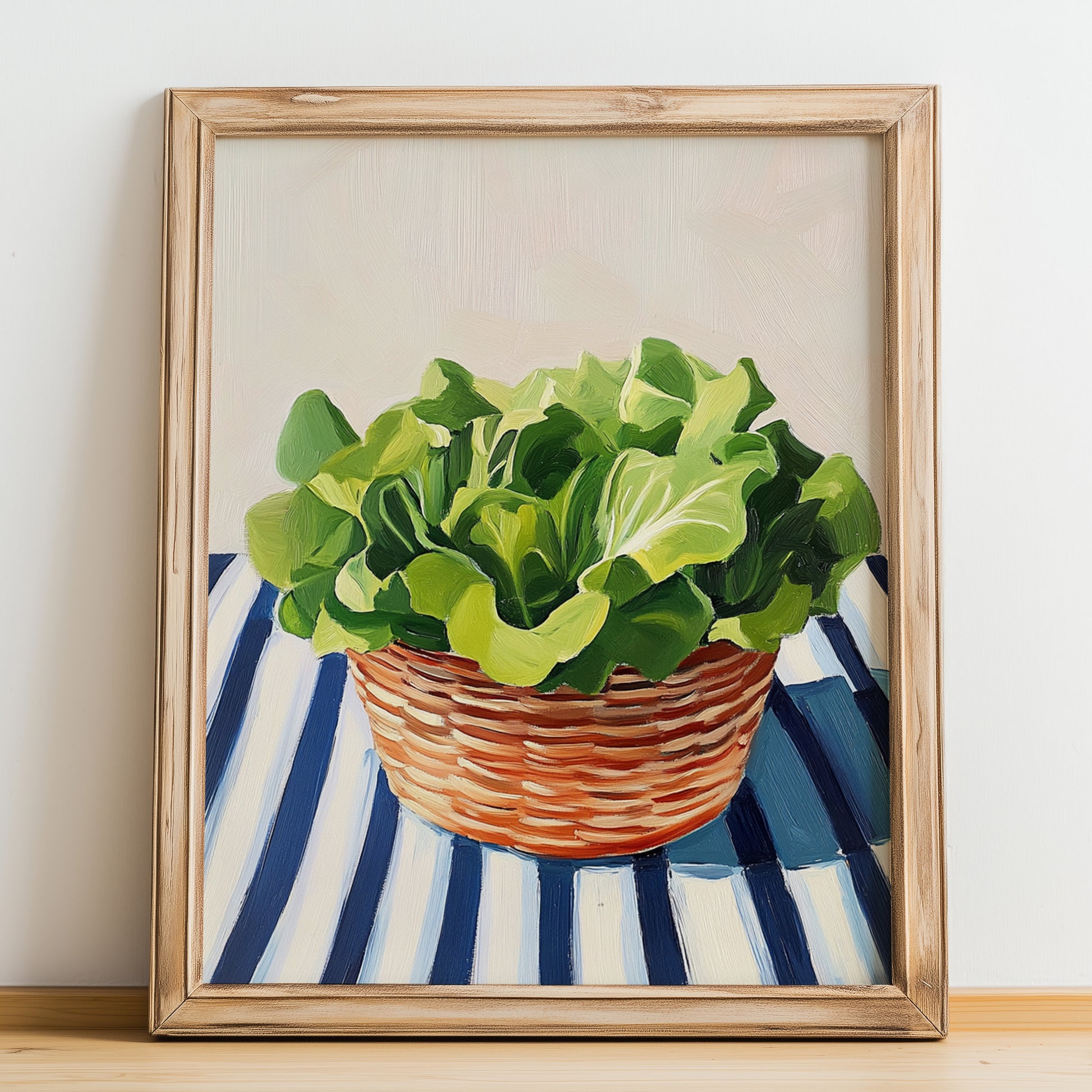 Lettuce – on Striped Tablecloth, Vegetable Wall Decor, no-text version framed in wood
