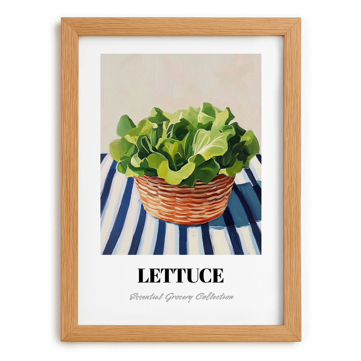 Lettuce – on Striped Tablecloth, Vegetable Wall Decor, set in oak frame