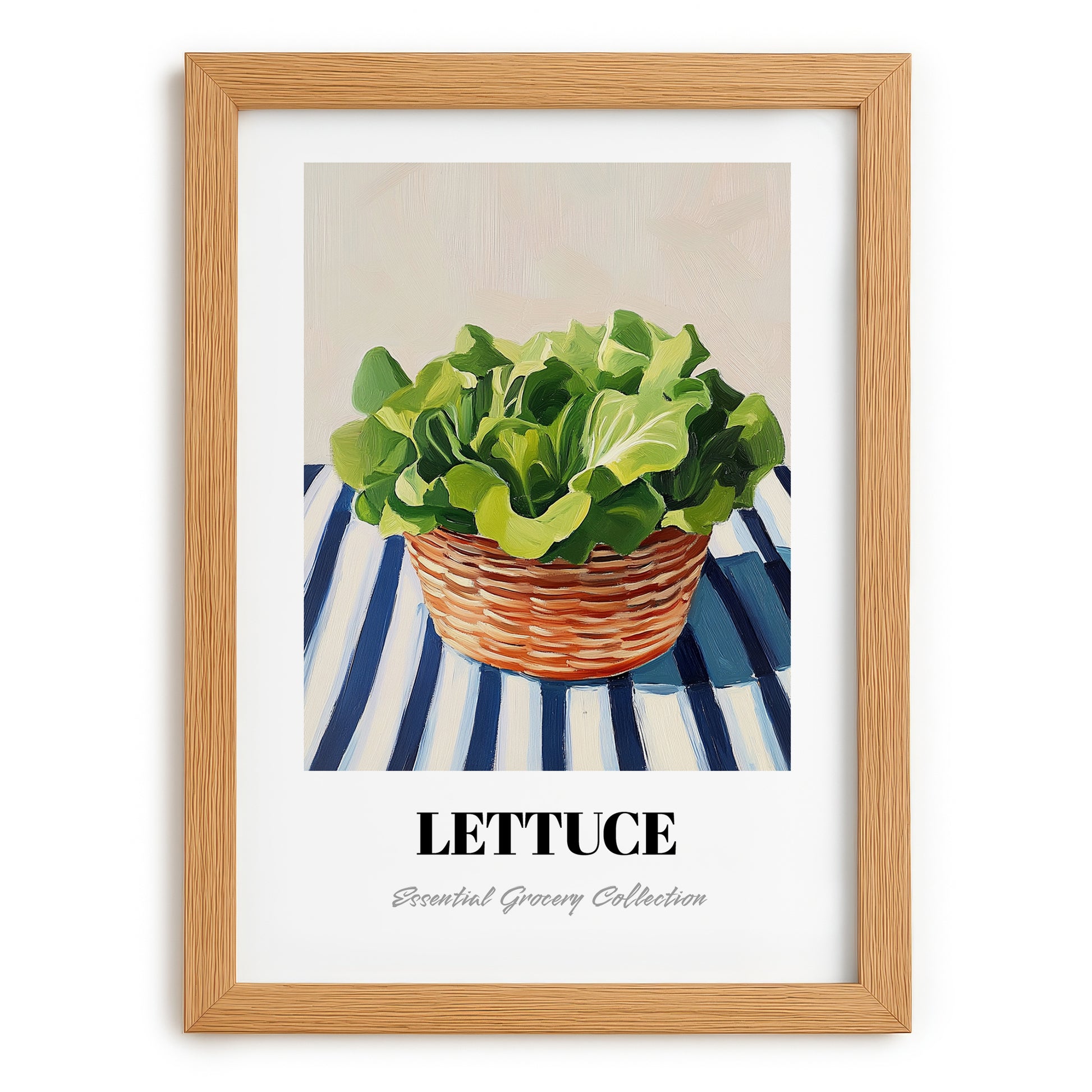 Lettuce – on Striped Tablecloth, Vegetable Wall Decor, set in oak frame