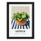 Lettuce – on Striped Tablecloth, Vegetable Wall Decor, in sleek black frame