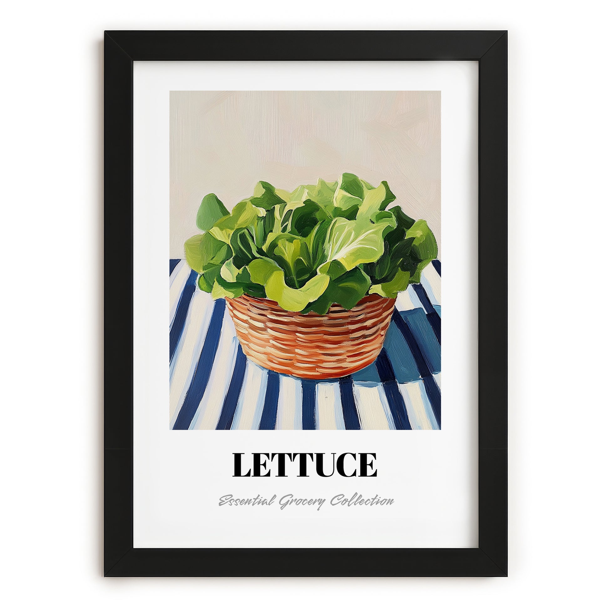 Lettuce – on Striped Tablecloth, Vegetable Wall Decor, in sleek black frame