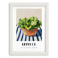 Lettuce – on Striped Tablecloth, Vegetable Wall Decor, placed in minimal white frame
