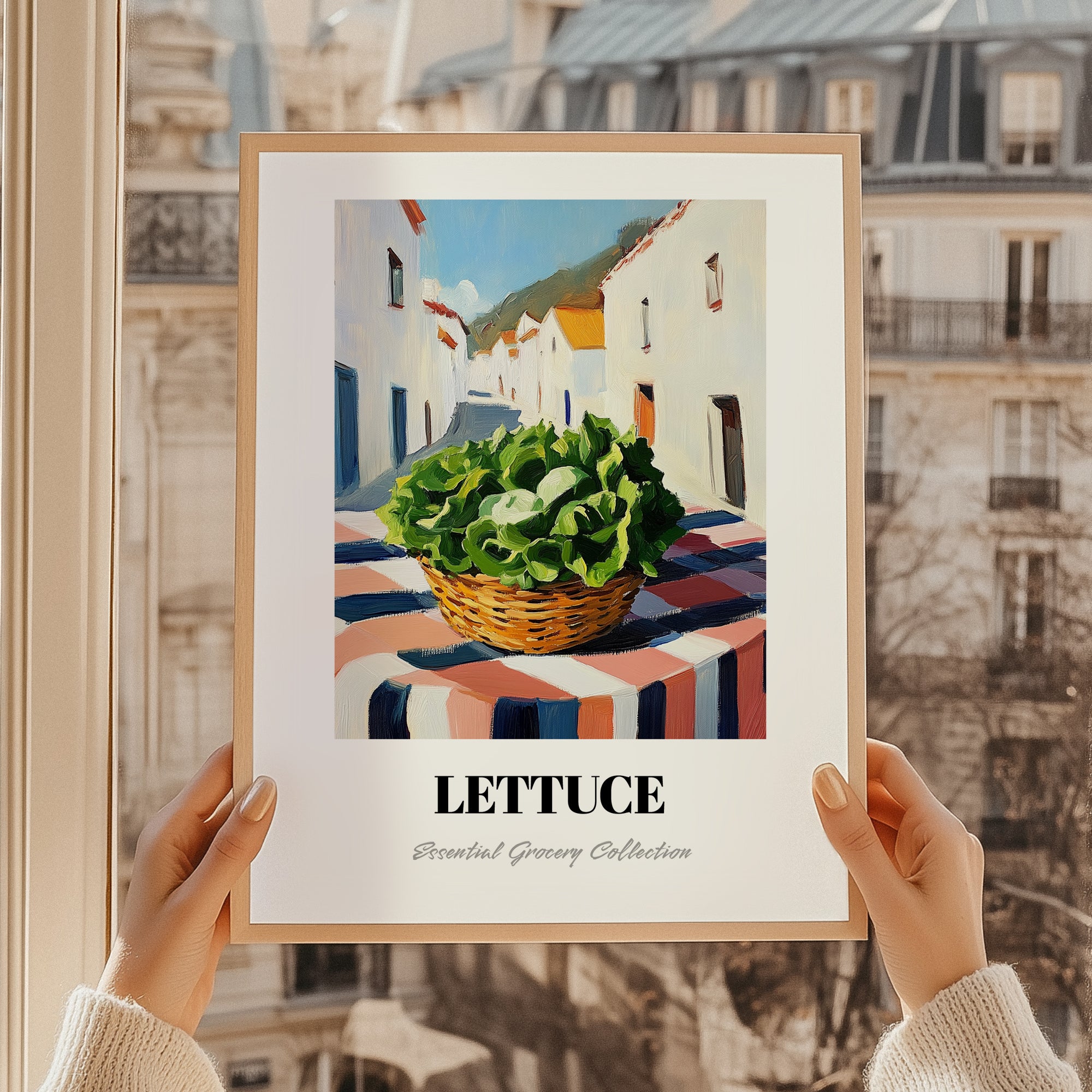 Lettuce – White village Urban Café Scene, Vegetable Still Life, styled in a charming Paris street view