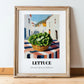Lettuce – White village Urban Café Scene, Vegetable Still Life, in wooden frame leaning on the floor