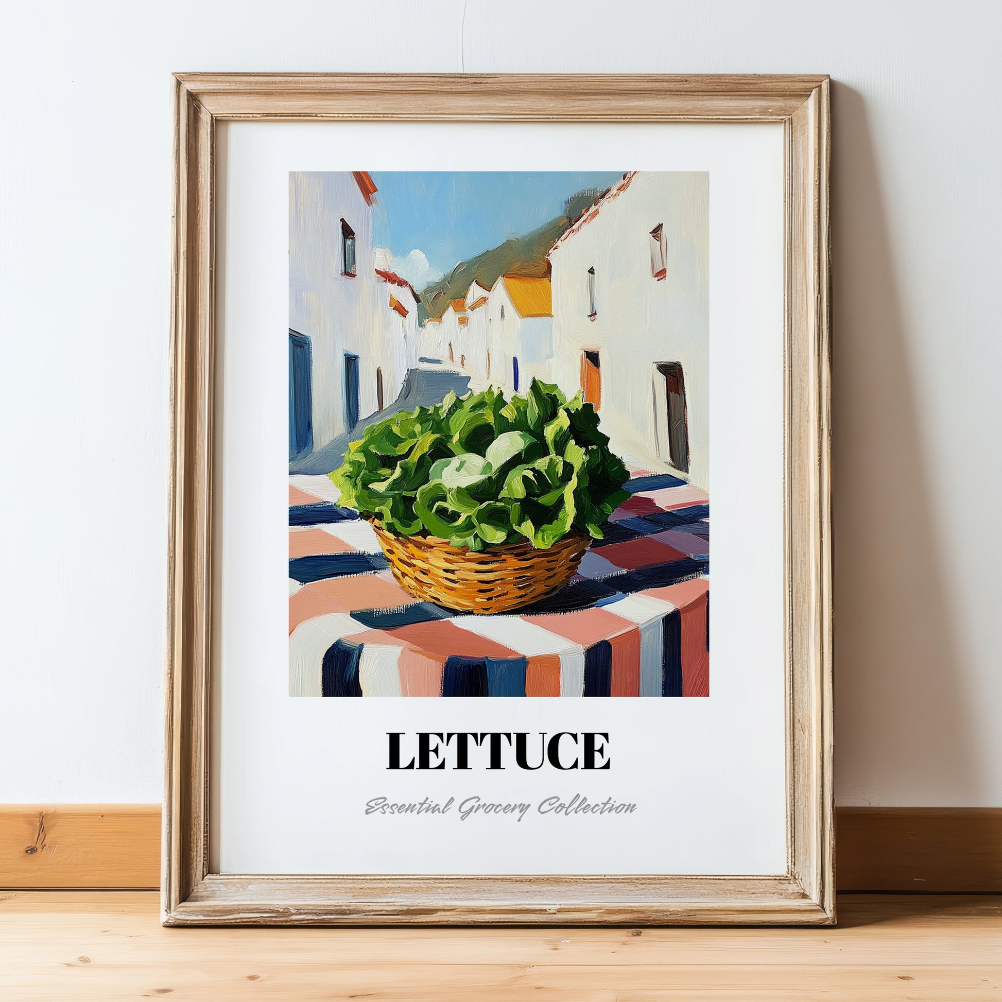 Lettuce – White village Urban Café Scene, Vegetable Still Life, in wooden frame leaning on the floor