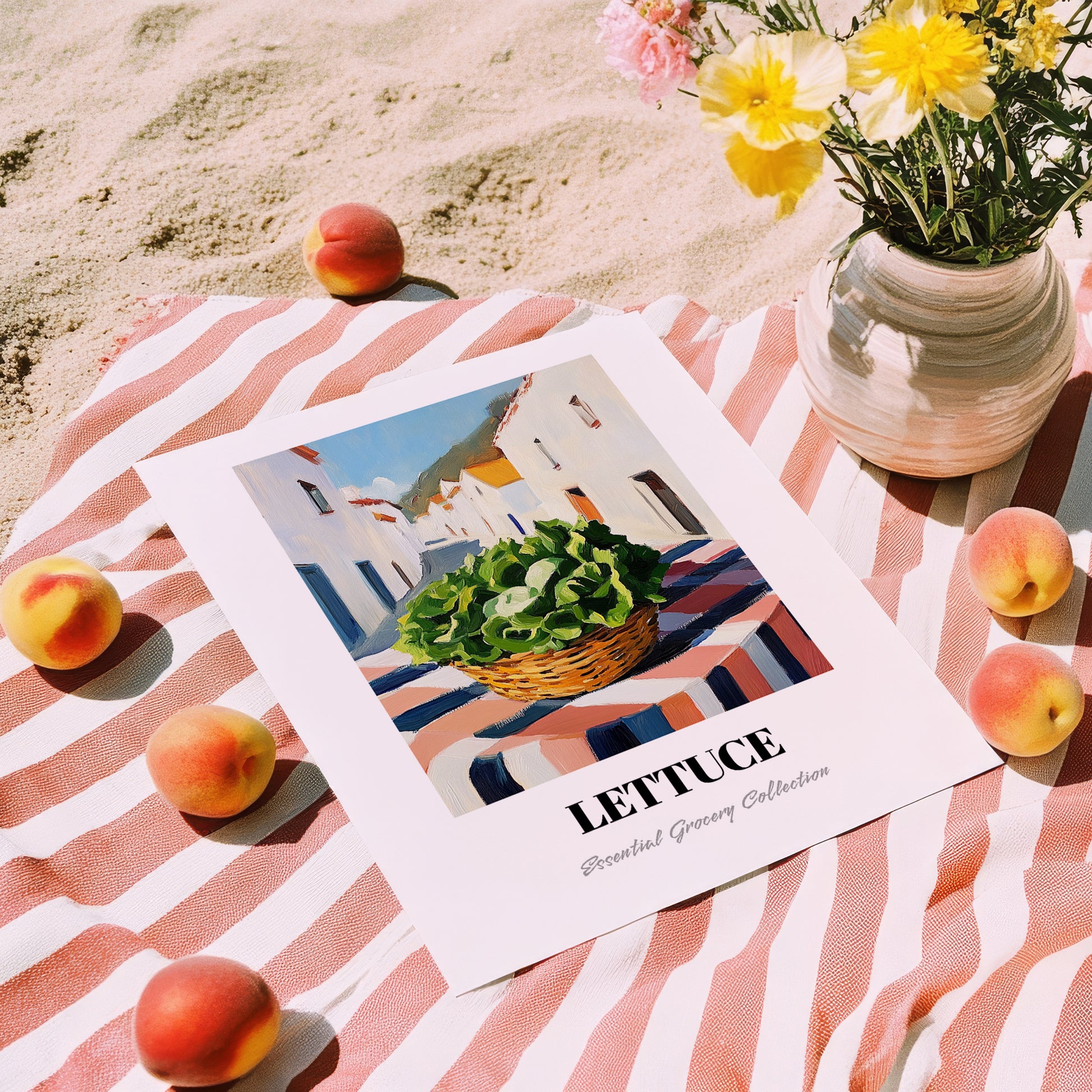 Lettuce – White village Urban Café Scene, Vegetable Still Life, unframed on coastal sand