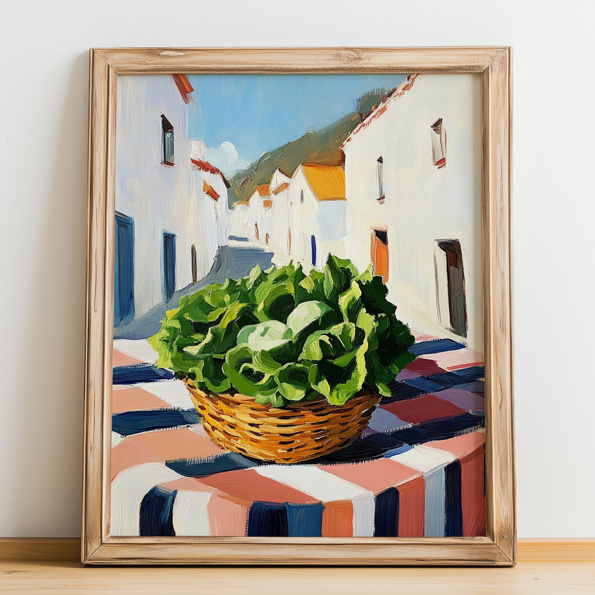 Lettuce – White village Urban Café Scene, Vegetable Still Life, no-text version framed in wood
