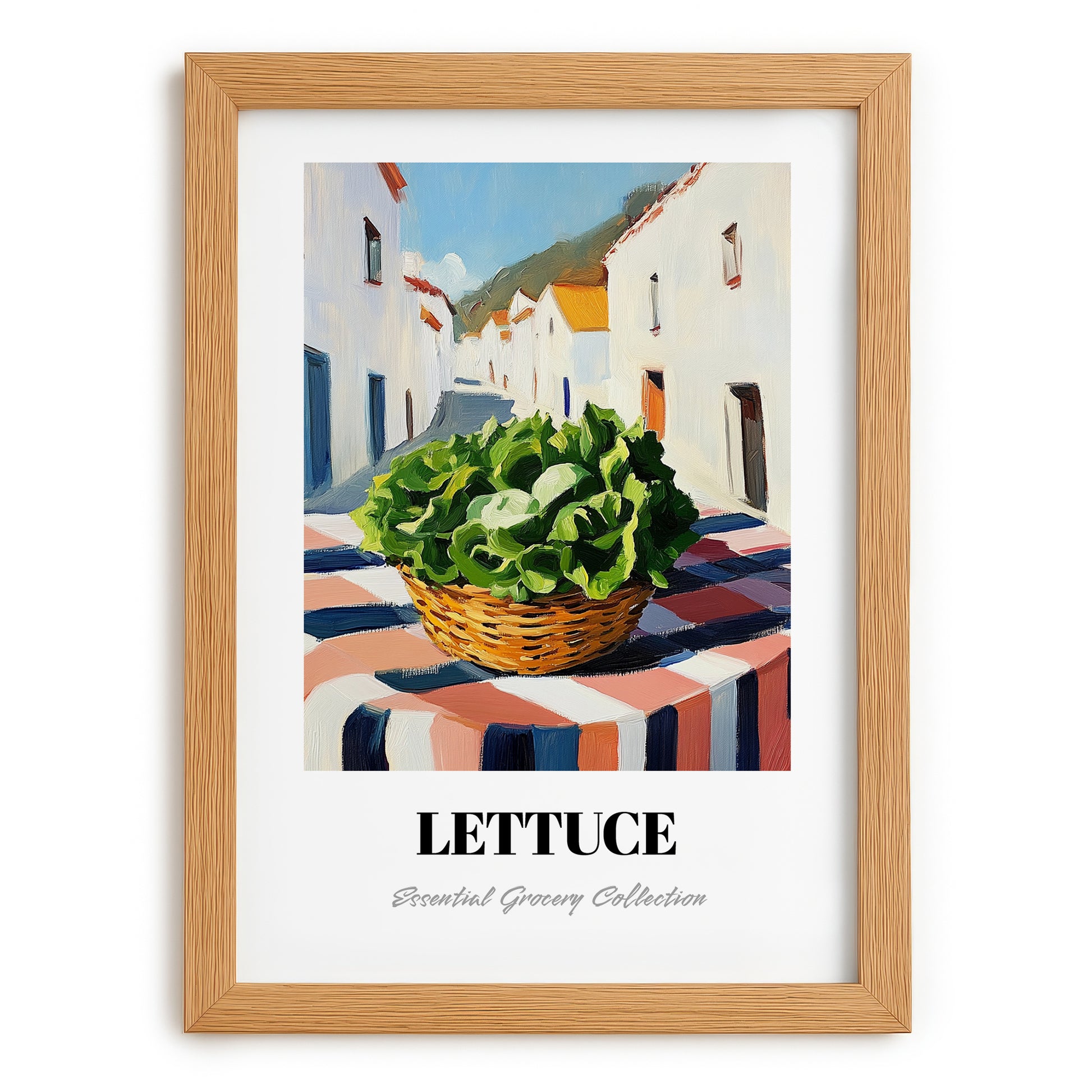 Lettuce – White village Urban Café Scene, Vegetable Still Life, set in oak frame