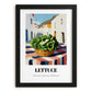 Lettuce – White village Urban Café Scene, Vegetable Still Life, in sleek black frame