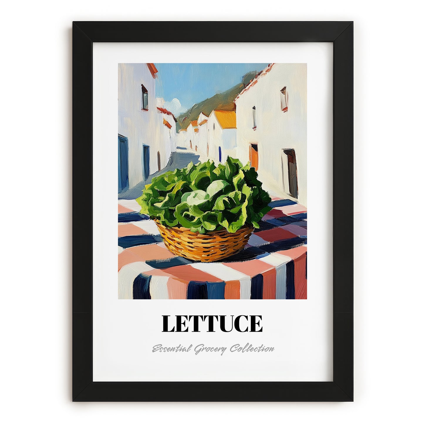 Lettuce – White village Urban Café Scene, Vegetable Still Life, in sleek black frame