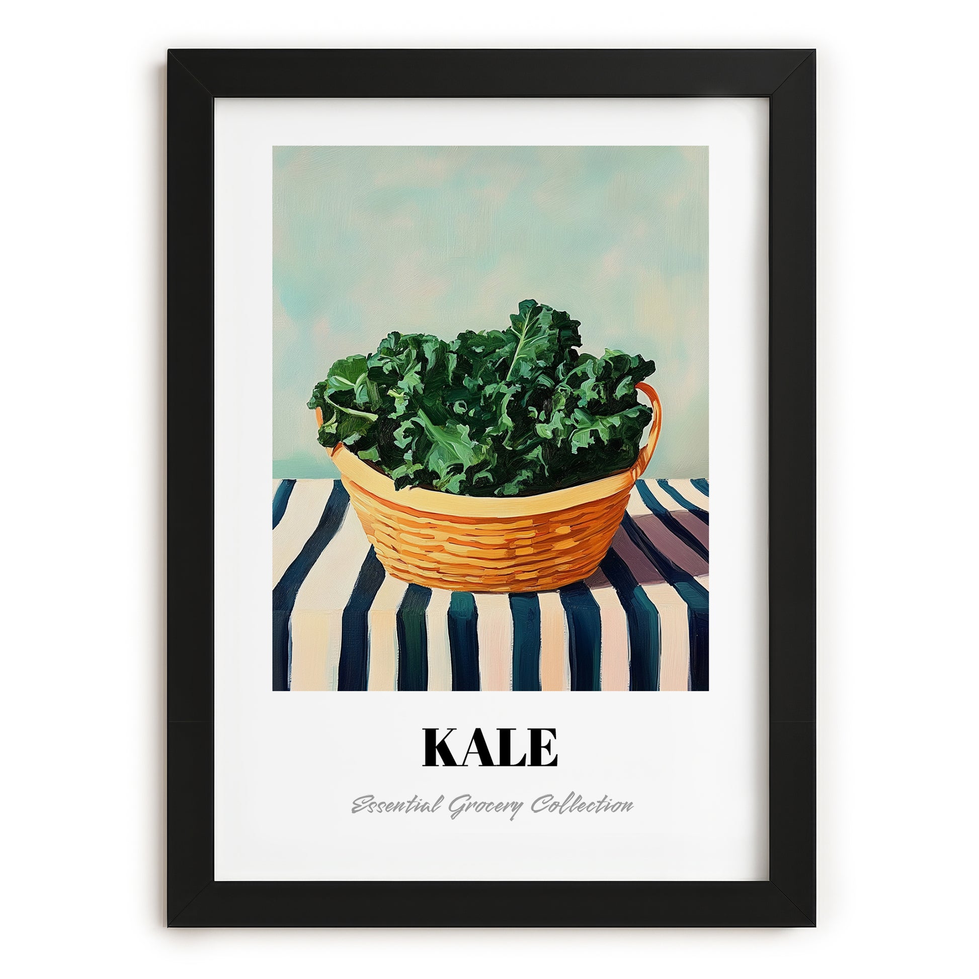 Kale – on Striped Tablecloth, Vegetable Print, in sleek black frame
