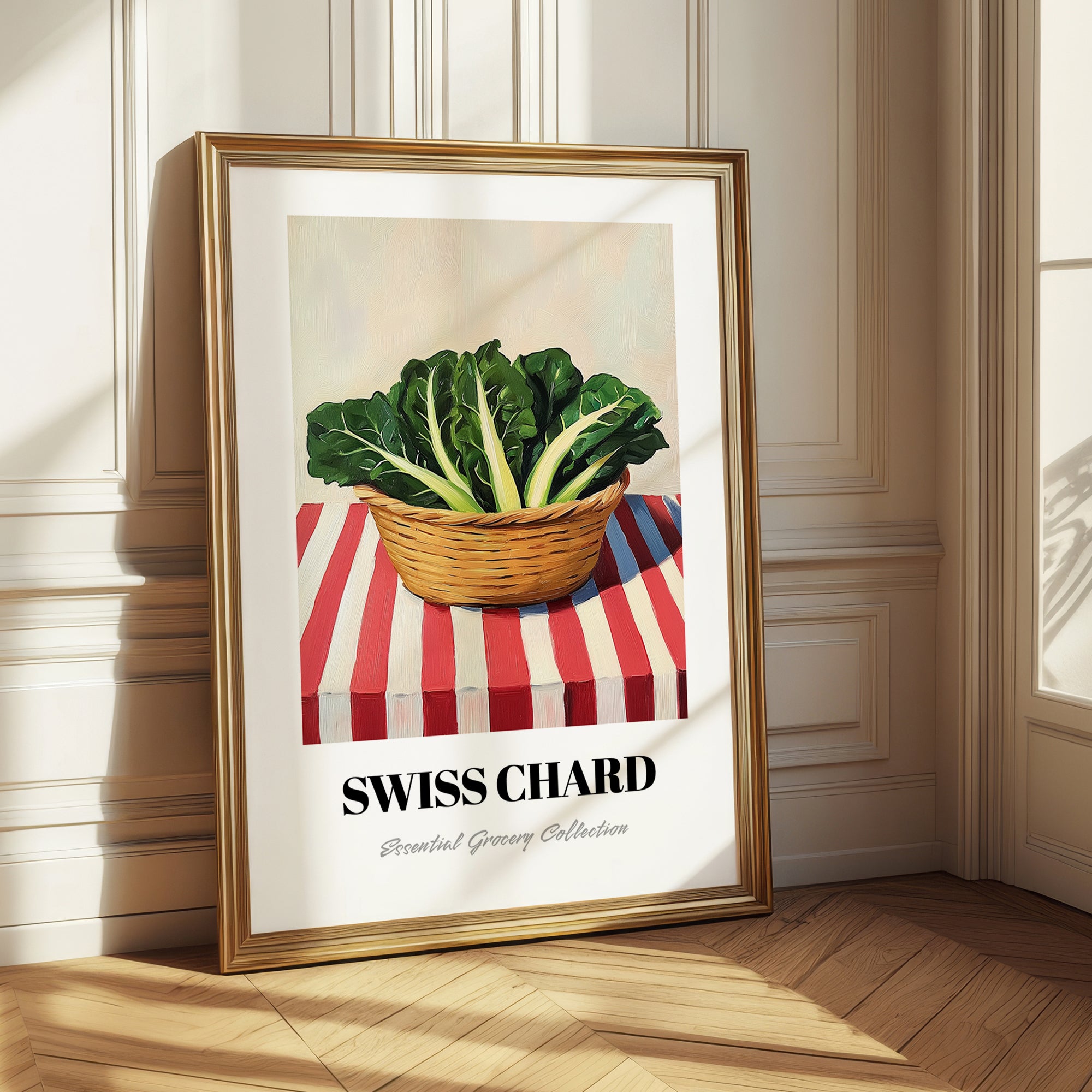 Swiss Chard – on Striped Tablecloth, Vegetable Painting